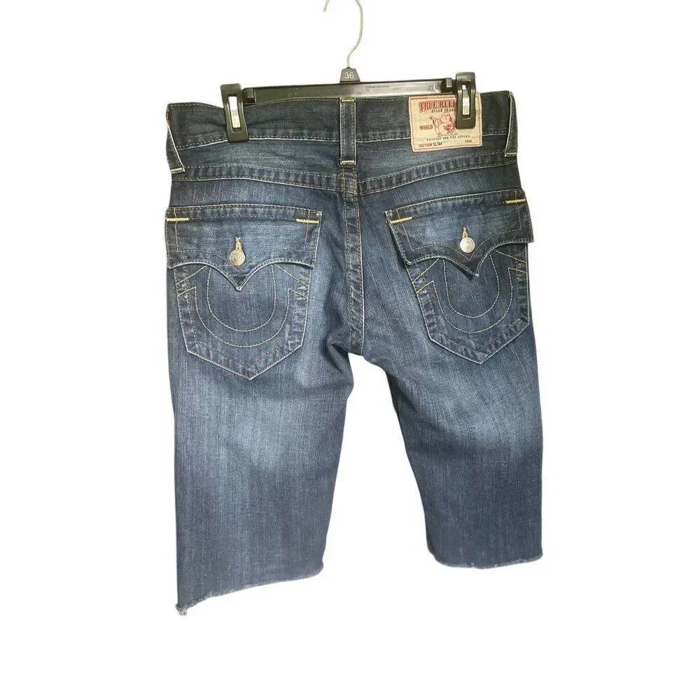 True Religion World Tour Distressed Denim Cut off Shorts Size 31